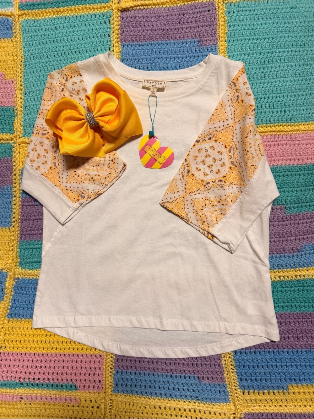 Hayden White Tee with Yellow Bandana-Print Raglan Sleeves with bow for hair